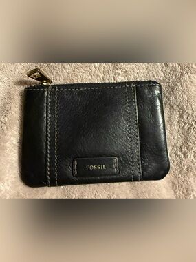 Fossil Black Leather Card Wallet with Gold Zip Accent